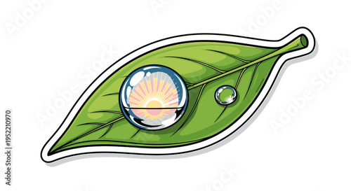 A leaf with a water droplet reflecting sunset.