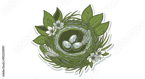 Bird nest with eggs and leaves illustration.