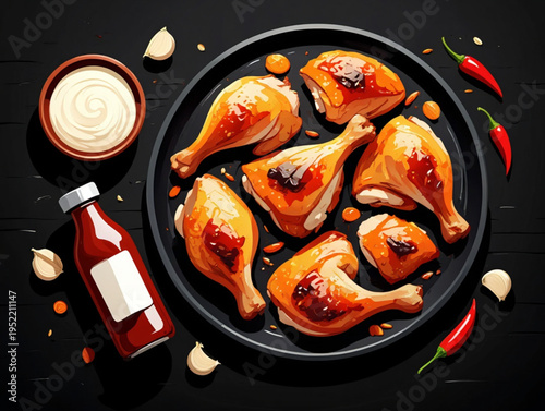 A plate of glazed chicken legs with sauce and spices