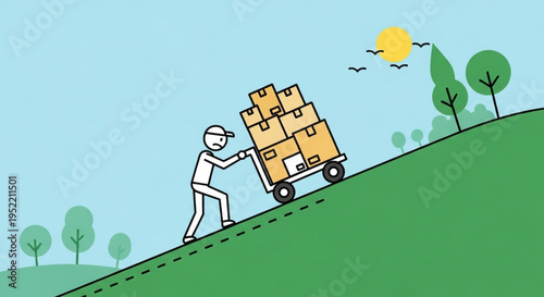 Man Pushing Cart Full of Boxes Up Hill.