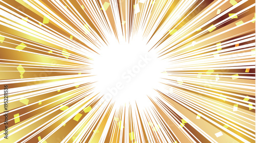 Gold Manga Style Sunburst Effect Background with Confetti Particles