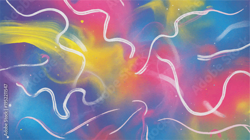 colorful abstract painting with white lines and splatters on multicolored background