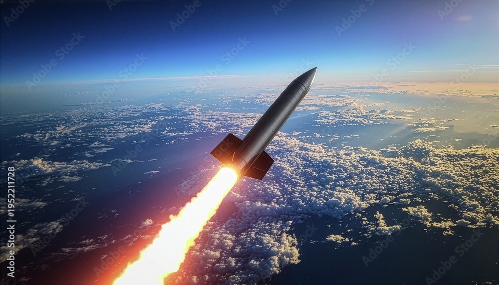 Naklejka premium Powerful ballistic missile launching into the stratosphere over Earth. Cinematic view of a sleek rocket with a glowing fire trail. Advanced aerospace defense and military technology.