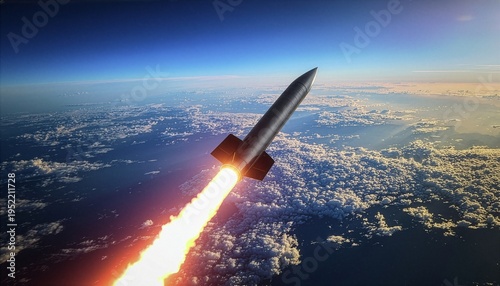 Powerful ballistic missile launching into the stratosphere over Earth. Cinematic view of a sleek rocket with a glowing fire trail. Advanced aerospace defense and military technology.