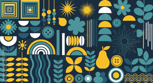 Vibrant Scandinavian folk art style pattern features deep teal, mustard yellow, and white abstract botanical shapes.