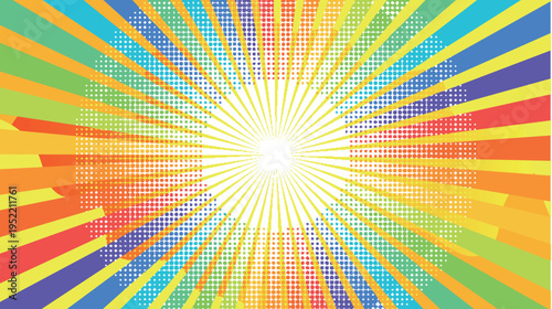 Vibrant Rainbow Sunburst Background with Halftone Dot Pattern