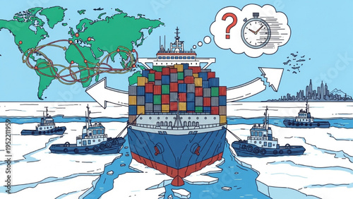Global Shipping Delay Illustration – Container Cargo Ship Disruption, Supply Chain Crisis and Logistics Bottleneck Concept