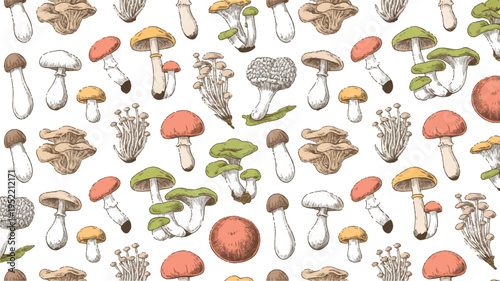 Colorful illustration of various mushroom types on white background