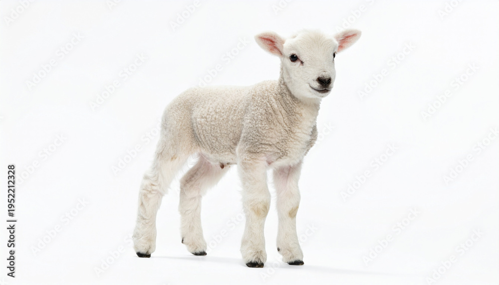 Fototapeta premium A lamb stands alone on a white background, looking directly at the camera with a calm expression.