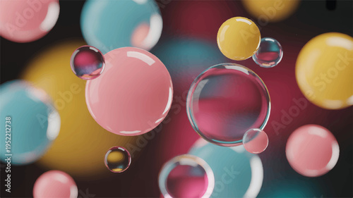 colorful translucent bubbles floating in mid air with blurred background