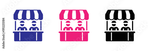 Colorful ice cream carts with striped awnings and seating areas