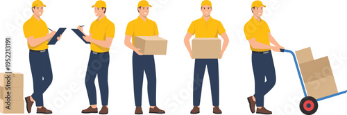 Delivery workers handling packages with clipboards, boxes, and hand trucks, logistics teamwork illustration for shipping and courier services