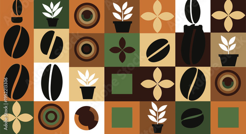 Coffee bean pattern features rich brown and deep green squares with stylized plant graphics creating a warm visual texture.