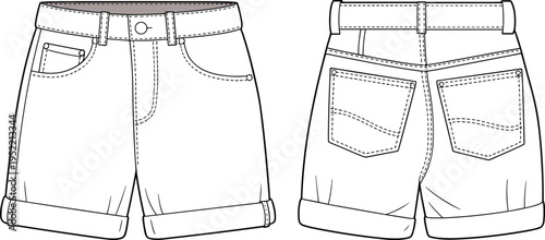 Denim shorts fashion illustration, front and back view, technical sketch, garment design, sewing details, rolled hem style