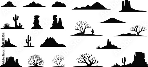 Desert landscape silhouettes collection with cactus, barren trees, shrubs, mountains, rock formations, arid terrain elements, vector illustration