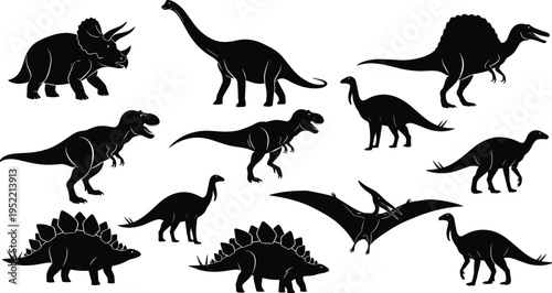 Dinosaur silhouettes, prehistoric creatures, educational illustration, paleontology chart, kids learning, fossil species, ancient reptiles, dinosaur types, museum poster, science display