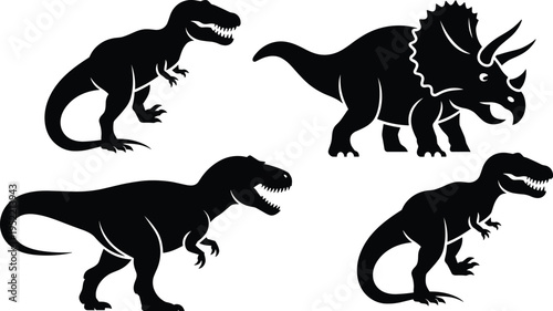 Dinosaur silhouettes, Tyrannosaurus rex and Triceratops, prehistoric animals, black outlines, isolated figures, educational illustration, ancient creatures