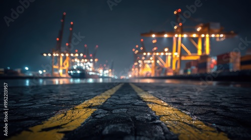 Container Port at Night with Blurred Cranes