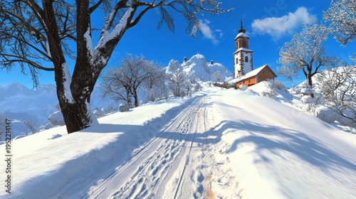 Snowy Church on a Hilltop Winter Landscape