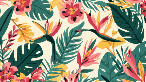Vector template pattern of vibrant summer floral elements in a tropical setting with a modern flat design style, featuring lush green leaves, colorful exotic flowers