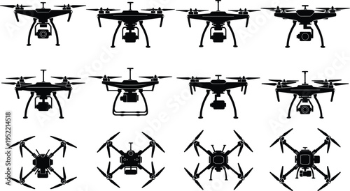 Drone silhouette collection, quadcopter UAV designs, aerial photography technology, unmanned aircraft icons, modern flying camera drones set