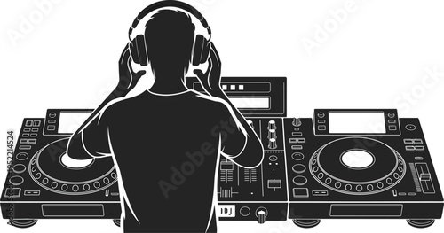 DJ silhouette mixing music on professional controller isolated on white background, nightclub party entertainment concept