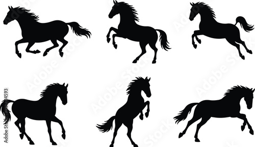 Dynamic black horse silhouettes in motion, running, rearing, trotting, equestrian energy, animal movement illustration for design and art