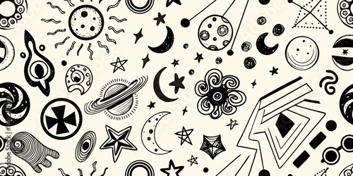 Black and white doodle pattern featuring celestial shapes and abstract forms