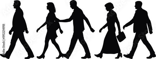Black silhouette of diverse business people and commuters walking in a row on white background representing urban motion daily career commute and group progress