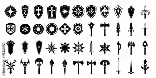 Collection of medieval weaponry and heraldic shields in black and white