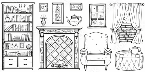 Detailed sketches of vintage furniture and interior design elements