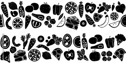 Black and white illustration of various sliced fruits and vegetables