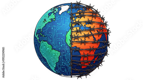 Digital vs Restricted World Illustration – Global Technology Freedom and Surveillance Concept with Barbed Wire Earth