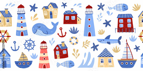 Colorful nautical pattern featuring lighthouses whales and various sea life