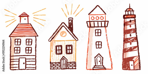 Whimsical illustration of four lighthouses and a small house with radiating light