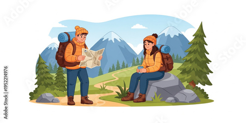 Couple Hiking Adventure in Mountain Landscape with Backpackers Using Map and Resting on Rock Surrounded by Pine Forest, Nature Trail, and Scenic Outdoor Travel