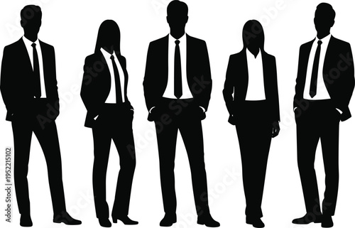 Set of Five Diverse People Silhouettes in Side Profile View Isolated on White Background for Professional Business Team Portraits and Creative Human Identity Illustration