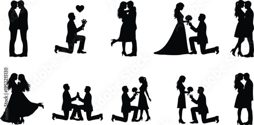 Romantic couple silhouette collection featuring love, proposal, embrace, kiss, and dance poses, perfect for Valentine’s Day, wedding, engagement, and relationship themed creative projects
