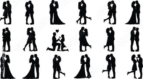 Romantic couple silhouette set featuring love, kiss, embrace, dance, and wedding proposal poses, ideal for Valentine’s Day, engagement, marriage, and relationship themed artwork