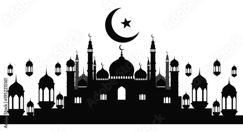A striking black silhouette of a mosque crescent moon and star evoking islamic architecture silhouette