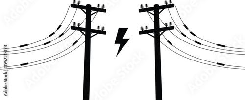 Electric power lines and utility poles silhouette vector illustration, high voltage transmission electricity infrastructure concept