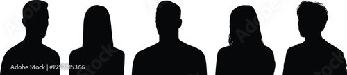 Set of Five Diverse People Head and Shoulders Silhouettes Isolated on White Background for Professional Profile Avatars Business Team Portraits and User Icons