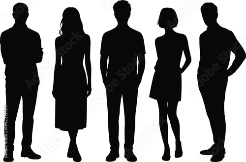 Set of Five Diverse People Silhouettes Standing in Professional and Casual Poses Isolated on White Background for Corporate Team and Community Vector Illustration