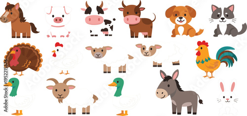 Cute Farm Animal Cartoon Set with Horse, Pig, Cow, Dog, Cat, Turkey, Sheep, Rooster, Goat, Duck, Donkey, and Rabbit Characters