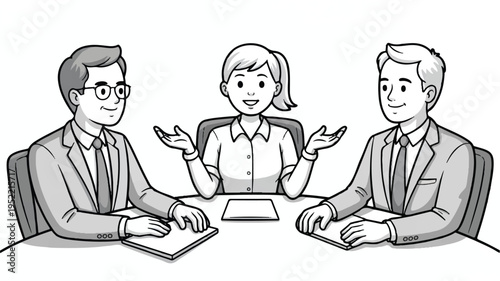 Three business people sitting at a table in a meeting discussion