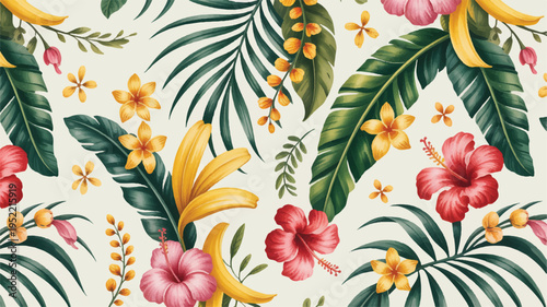 Tropical floral pattern with green leaves and colorful flowers on white background