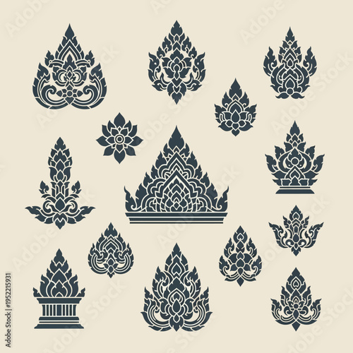 Collection of Thai Style Ornate Stupa Designs.