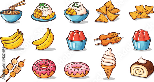 Cute Snack Food Icons Set with Ramen, Rice Bowl, Nachos, Bananas, Jelly, Skewers, Donuts, Ice Cream, and Sweet Desserts Cartoon Illustration