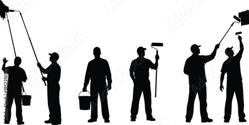 Silhouette collection of workers painting with rollers and buckets, home improvement illustration showing manual labor, renovation teamwork, and construction activity on white background