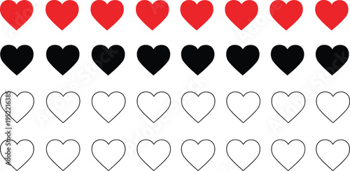 Heart icons set in red, black, and outline styles representing love, romance, emotion, and affection symbols for social media, design elements, and modern user interface